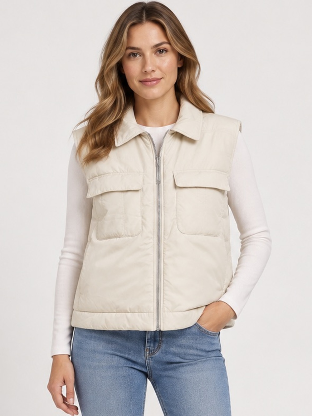 CALIA Women's Cream Puffer Vest - Sleeveless Zip Utility Vest large
